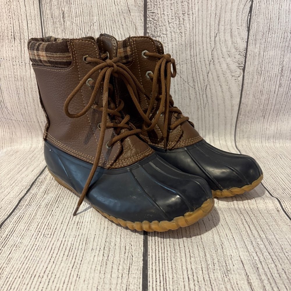 Women's Sporto Original Duck Boots Brown Leather Plaid Lined‎ Lace Up Size 8